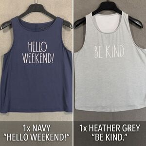Rae Dunn Tank Top Lot of 2 Size M Blue Hello Weekend Gray Be Kind Sleep Shirts
